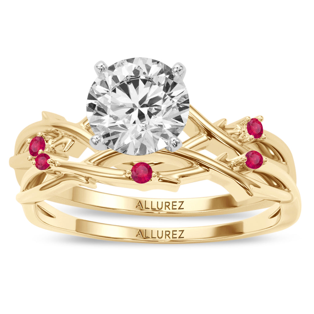 Round Ruby Vine Leaf Engagement Ring Bridal Set 18K Yellow Gold (0.05ct)