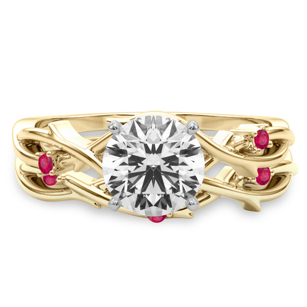 Round Ruby Vine Leaf Engagement Ring Bridal Set 18K Yellow Gold (0.05ct)