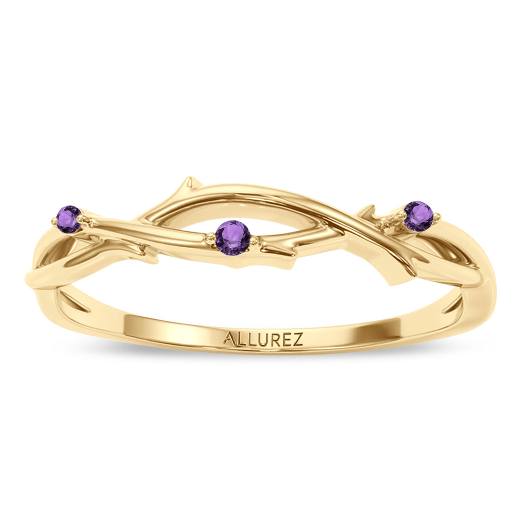 Round Amethyst Vine Leaf Ring Wedding Band 14K Yellow Gold (0.03ct)