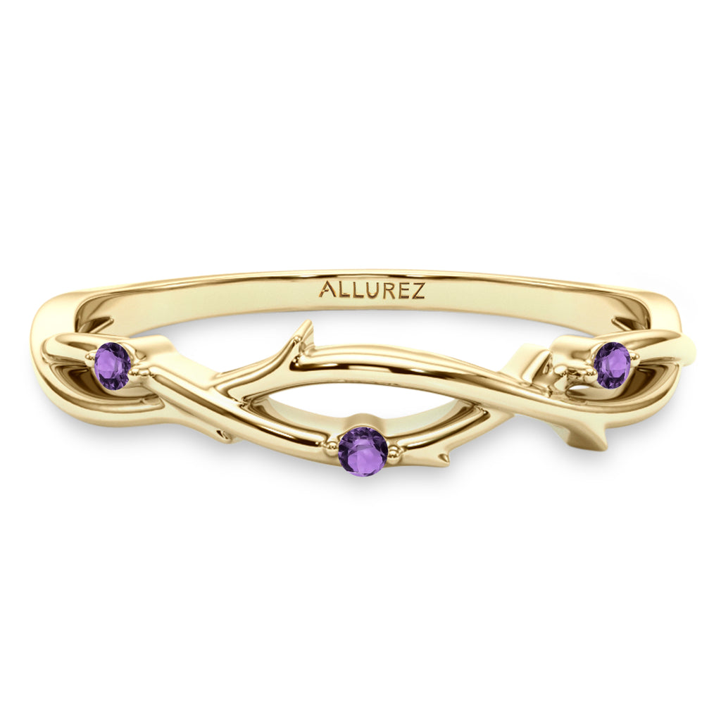 Round Amethyst Vine Leaf Ring Wedding Band 14K Yellow Gold (0.03ct)
