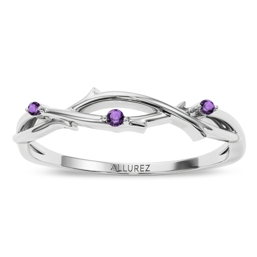 Round Amethyst Vine Leaf Ring Wedding Band 18K White Gold (0.03ct)