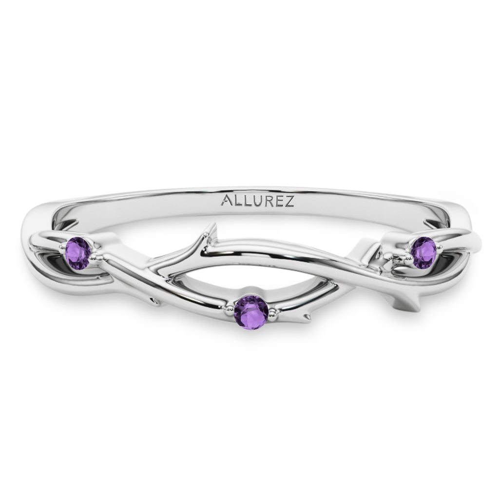 Round Amethyst Vine Leaf Ring Wedding Band in Palladium (0.03ct)