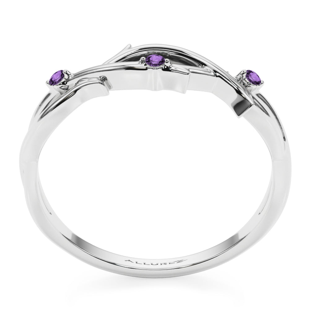 Round Amethyst Vine Leaf Ring Wedding Band in Palladium (0.03ct)