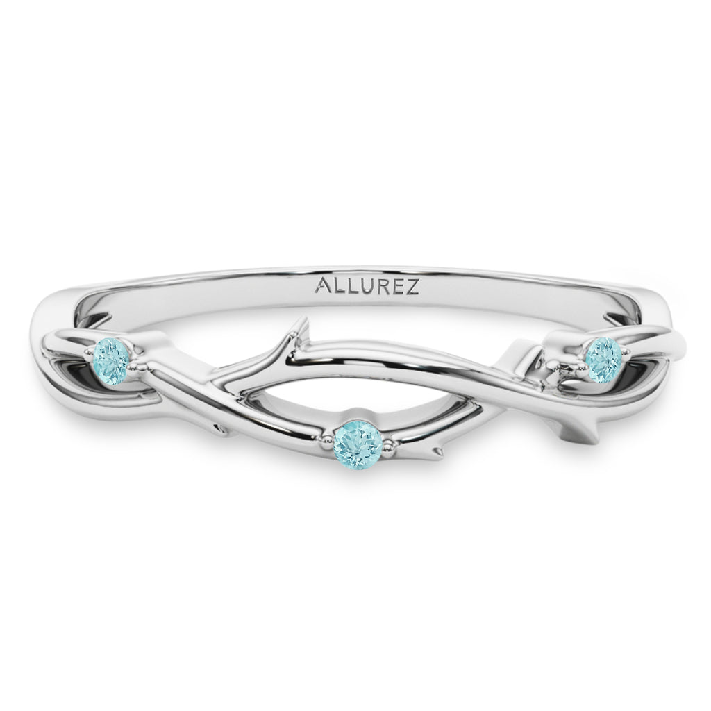 Round Aquamarine Vine Leaf Ring Wedding Band 14K White Gold (0.03ct)