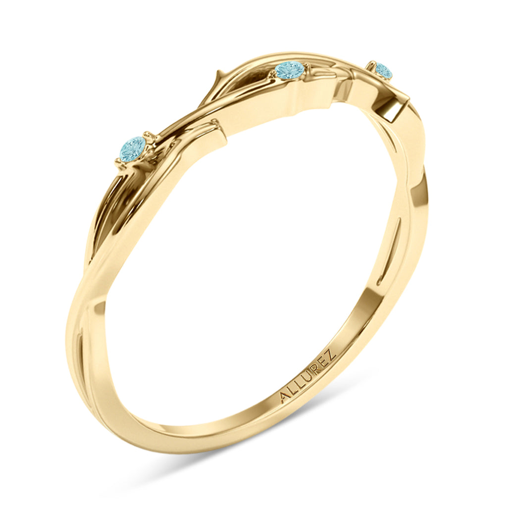 Round Aquamarine Vine Leaf Ring Wedding Band 14K Yellow Gold (0.03ct)