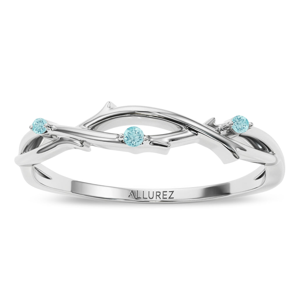 Round Aquamarine Vine Leaf Ring Wedding Band 18K White Gold (0.03ct)