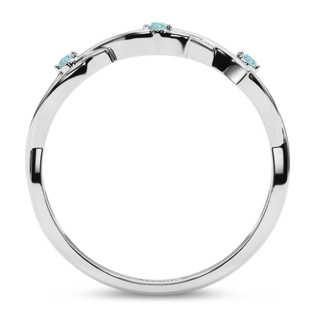 Round Aquamarine Vine Leaf Ring Wedding Band 18K White Gold (0.03ct)