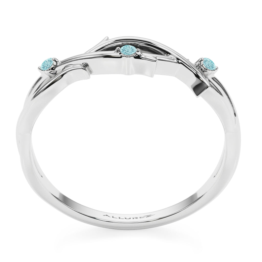 Round Aquamarine Vine Leaf Ring Wedding Band 18K White Gold (0.03ct)