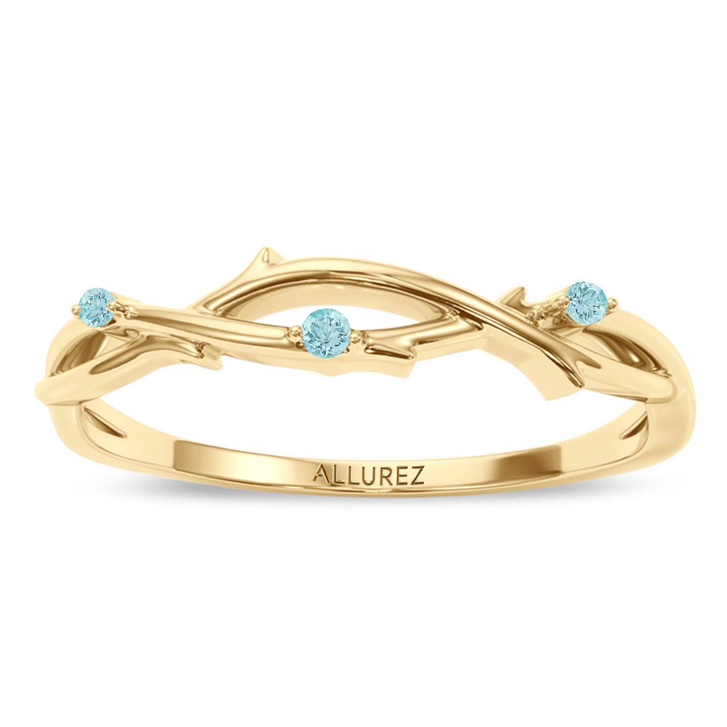 Round Aquamarine Vine Leaf Ring Wedding Band 18K Yellow Gold (0.03ct)