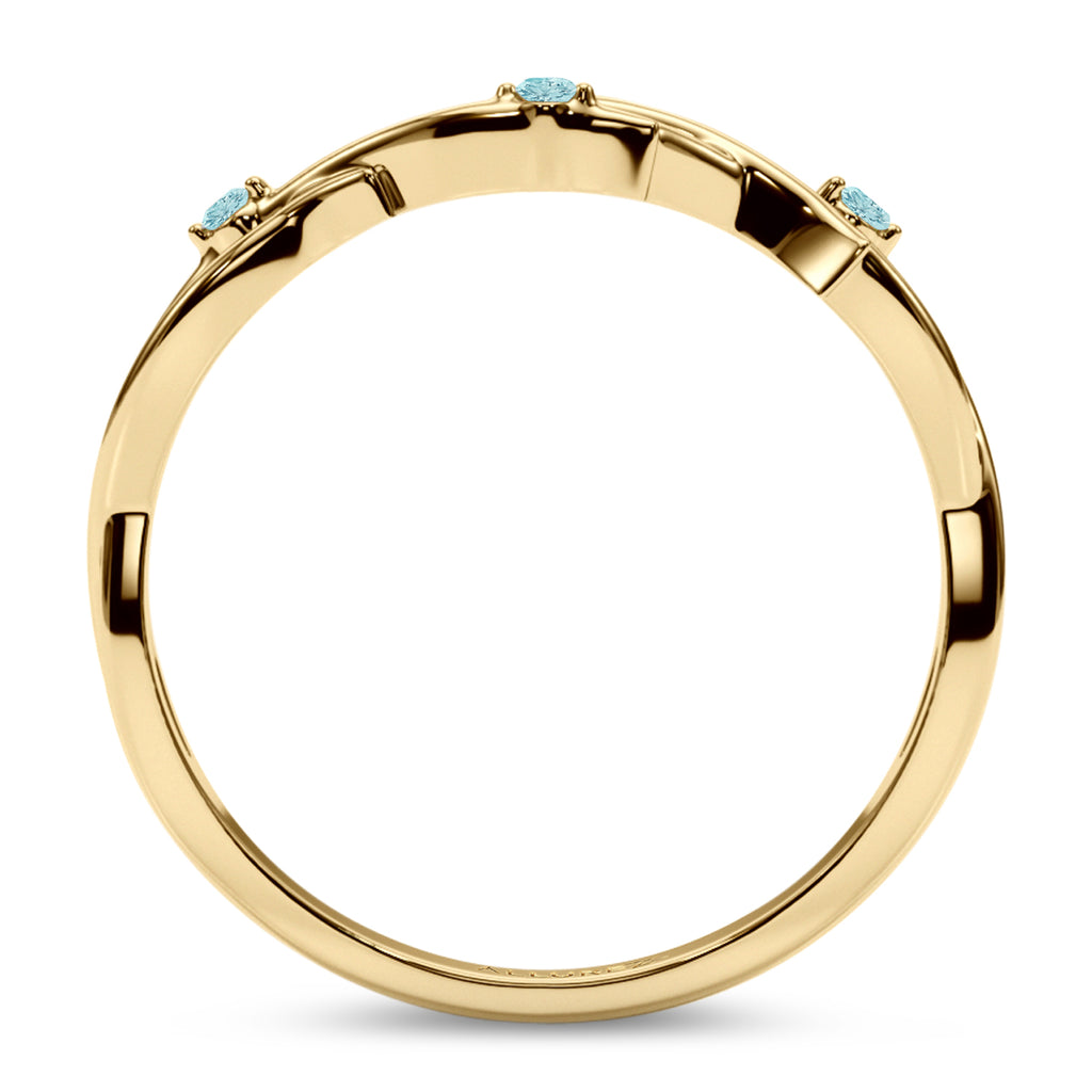 Round Aquamarine Vine Leaf Ring Wedding Band 18K Yellow Gold (0.03ct)