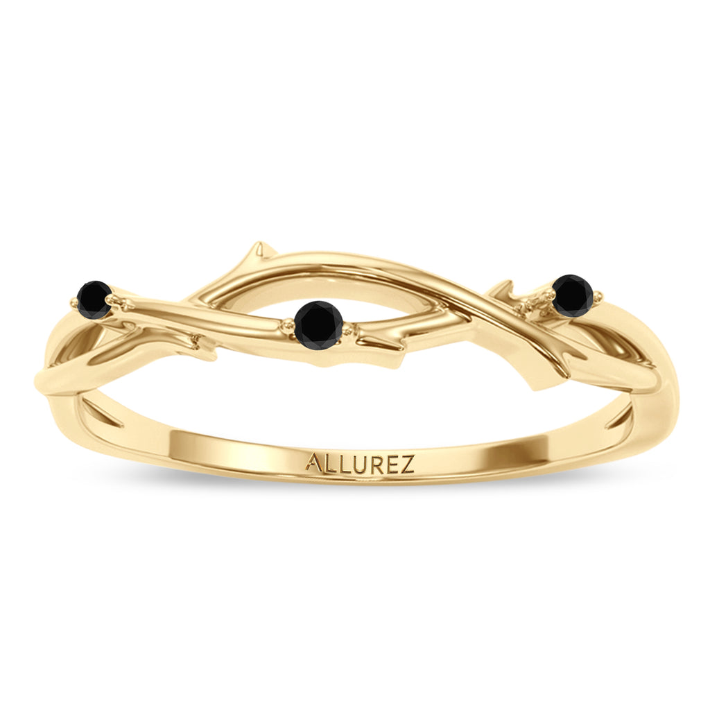 Black Diamond Vine Leaf Ring Wedding Band 14K Yellow Gold (0.03ct)