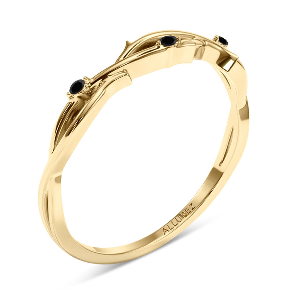 Black Diamond Vine Leaf Ring Wedding Band 14K Yellow Gold (0.03ct)