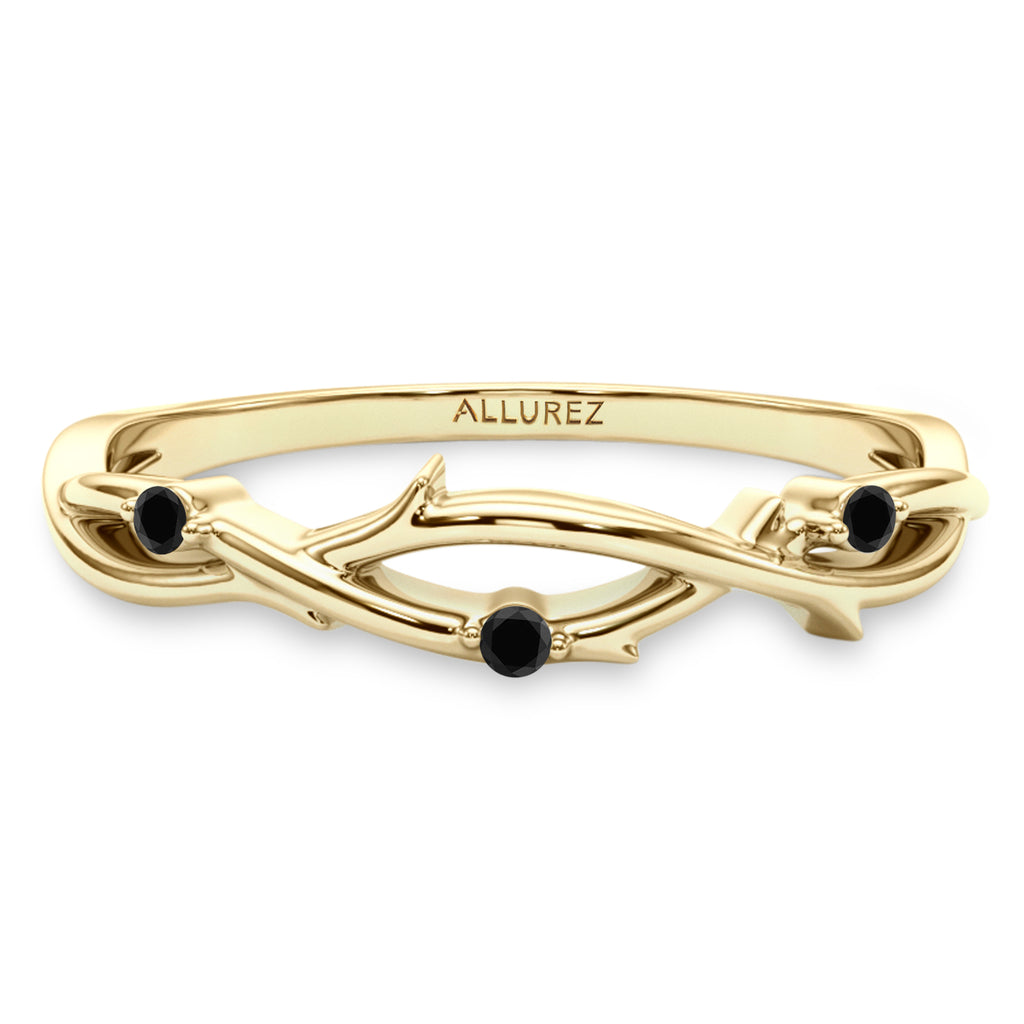 Black Diamond Vine Leaf Ring Wedding Band 14K Yellow Gold (0.03ct)