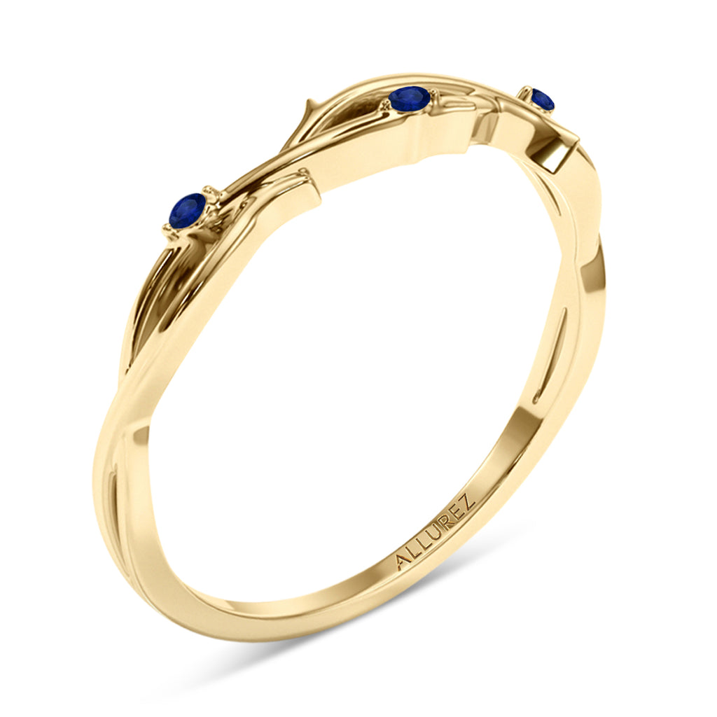 Round Blue Sapphire Vine Leaf Ring Wedding Band 14K Yellow Gold (0.03ct)