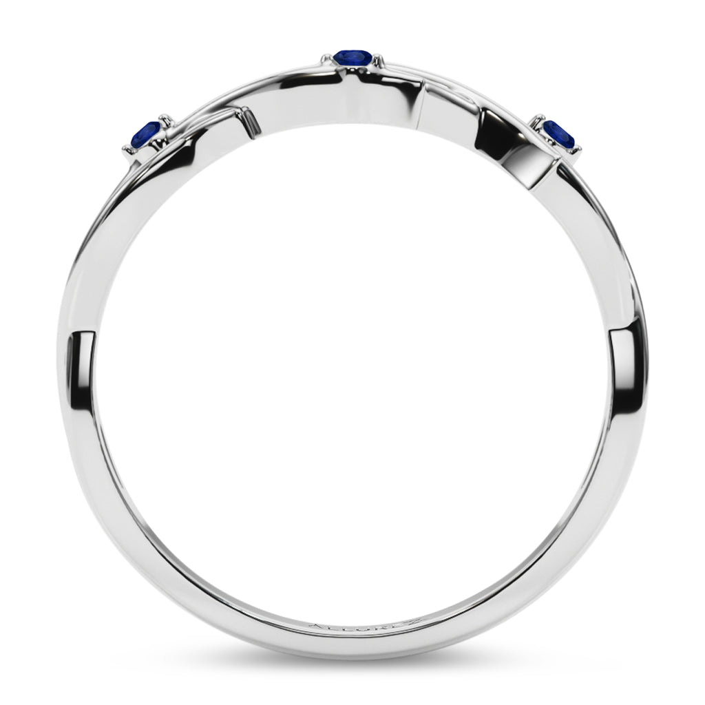 Round Blue Sapphire Vine Leaf Ring Wedding Band 18K White Gold (0.03ct)