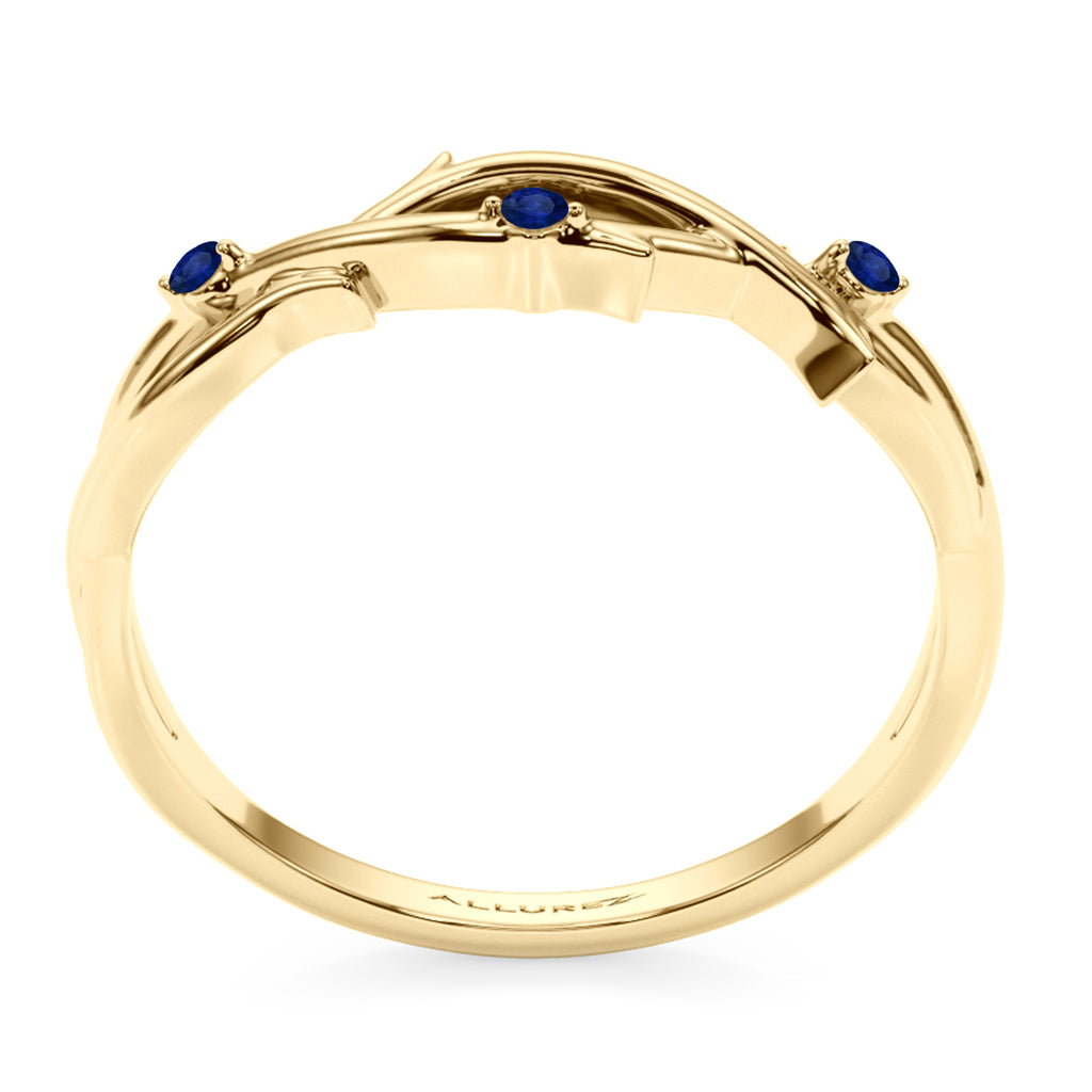 Round Blue Sapphire Vine Leaf Ring Wedding Band 18K Yellow Gold (0.03ct)