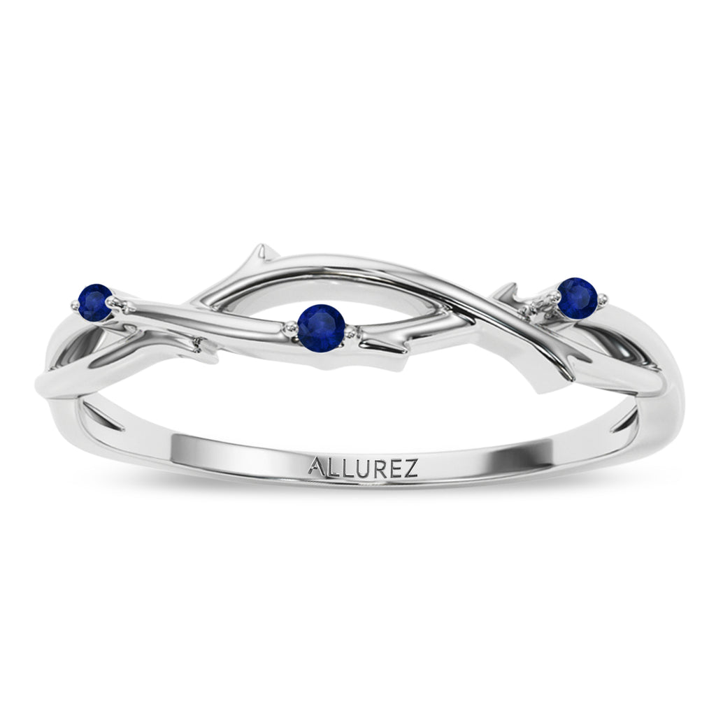Round Blue Sapphire Vine Leaf Ring Wedding Band in Platinum (0.03ct)