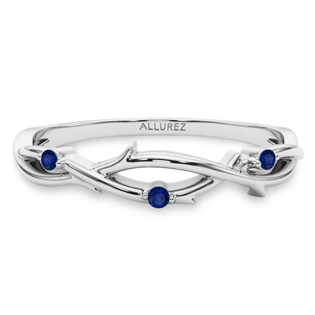 Round Blue Sapphire Vine Leaf Ring Wedding Band in Platinum (0.03ct)