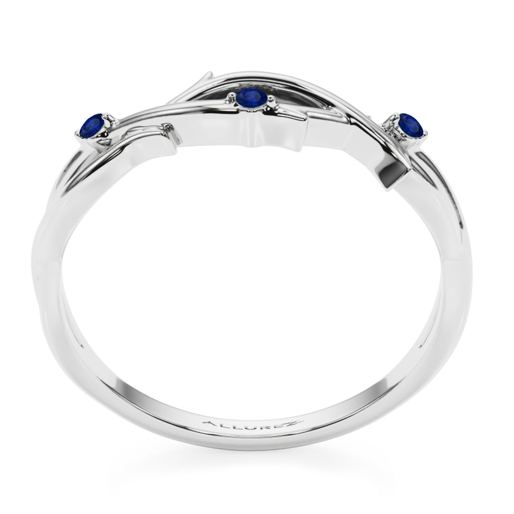 Round Blue Sapphire Vine Leaf Ring Wedding Band in Platinum (0.03ct)