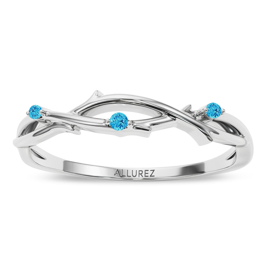Round Blue Topaz Vine Leaf Ring Wedding Band 14K White Gold (0.03ct)