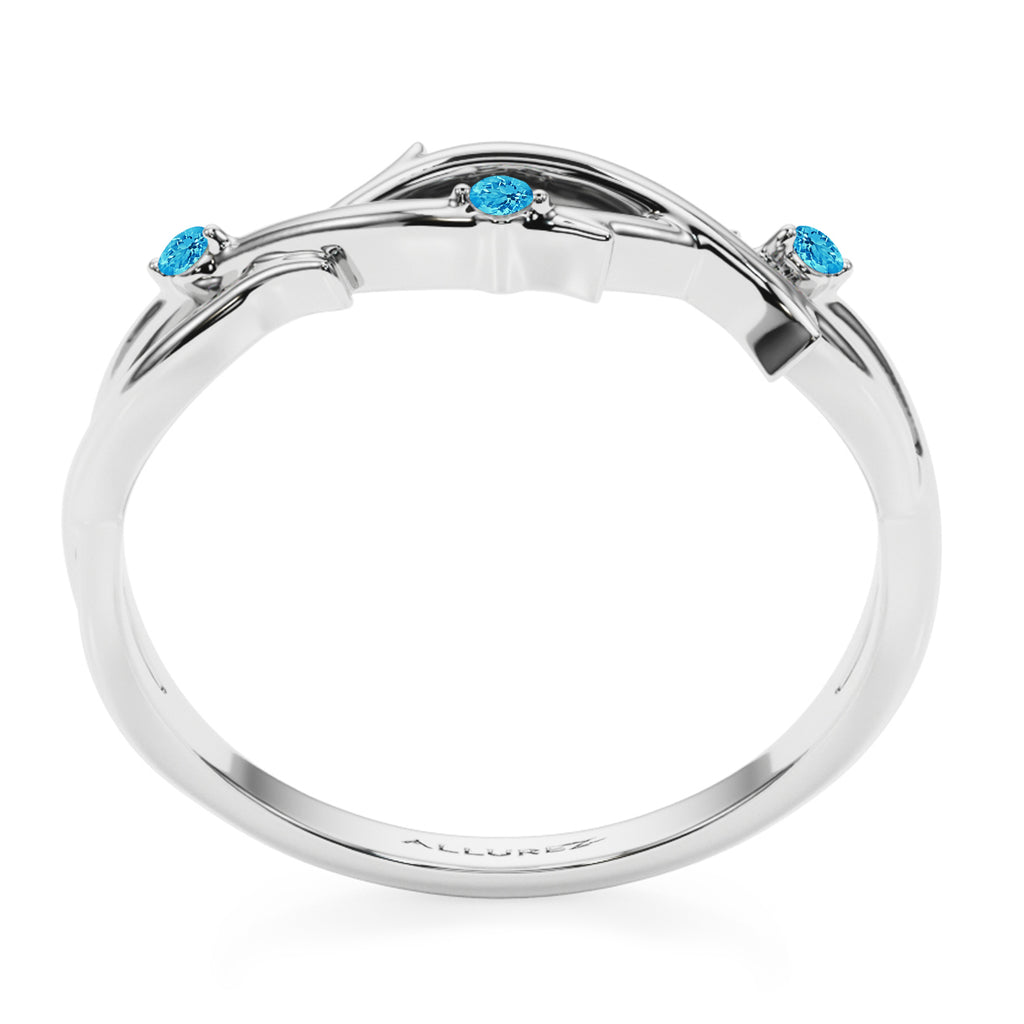 Round Blue Topaz Vine Leaf Ring Wedding Band 14K White Gold (0.03ct)