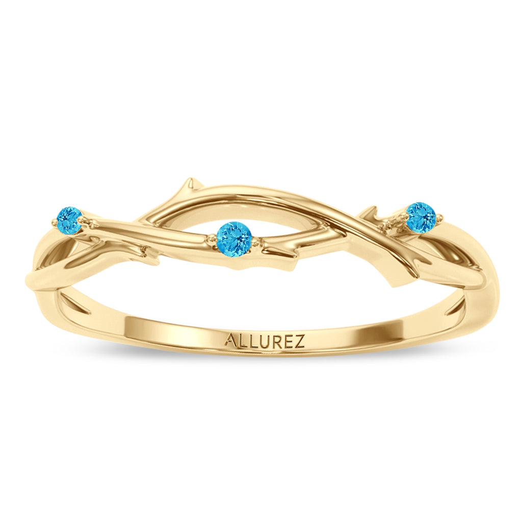 Round Blue Topaz Vine Leaf Ring Wedding Band 18K Yellow Gold (0.03ct)