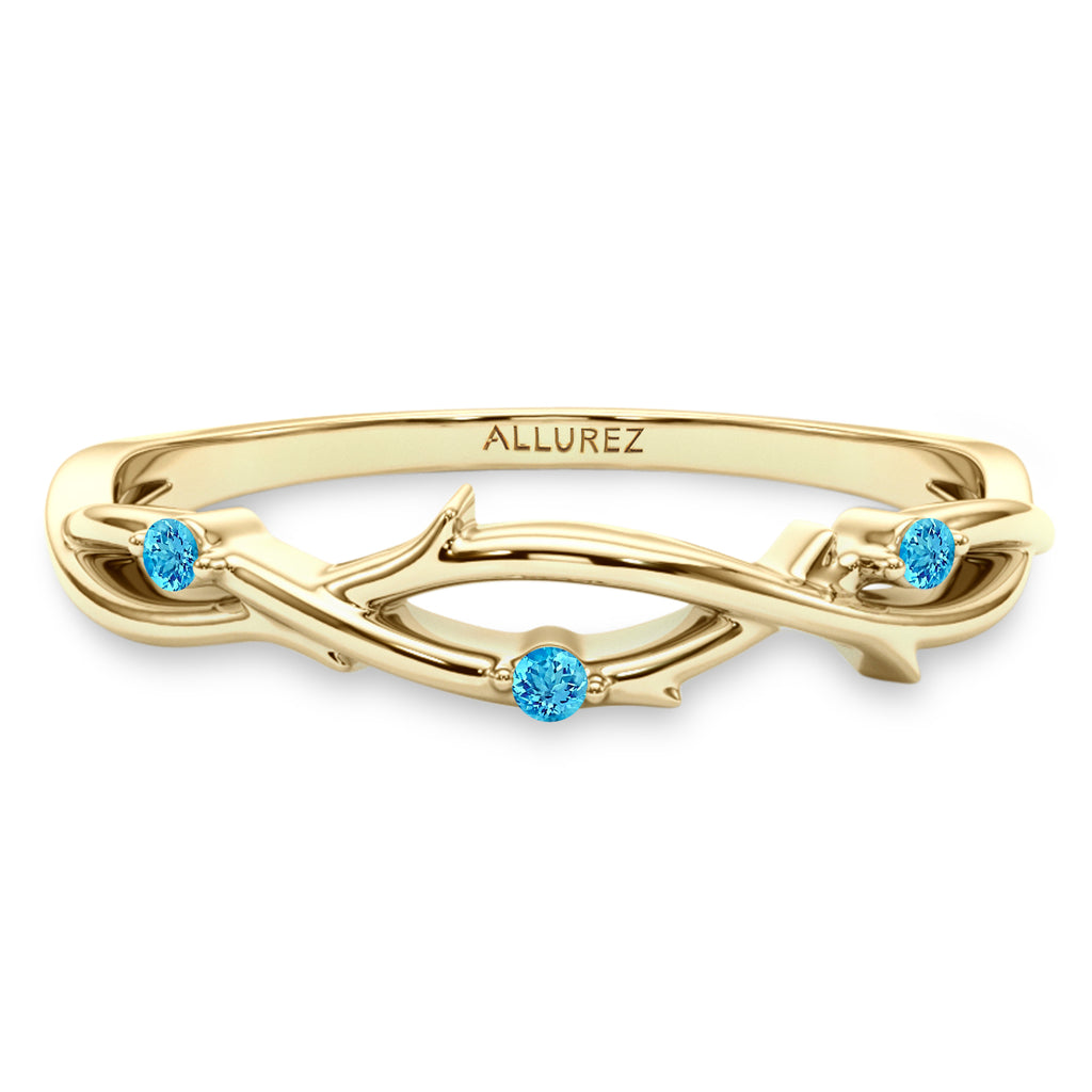 Round Blue Topaz Vine Leaf Ring Wedding Band 18K Yellow Gold (0.03ct)