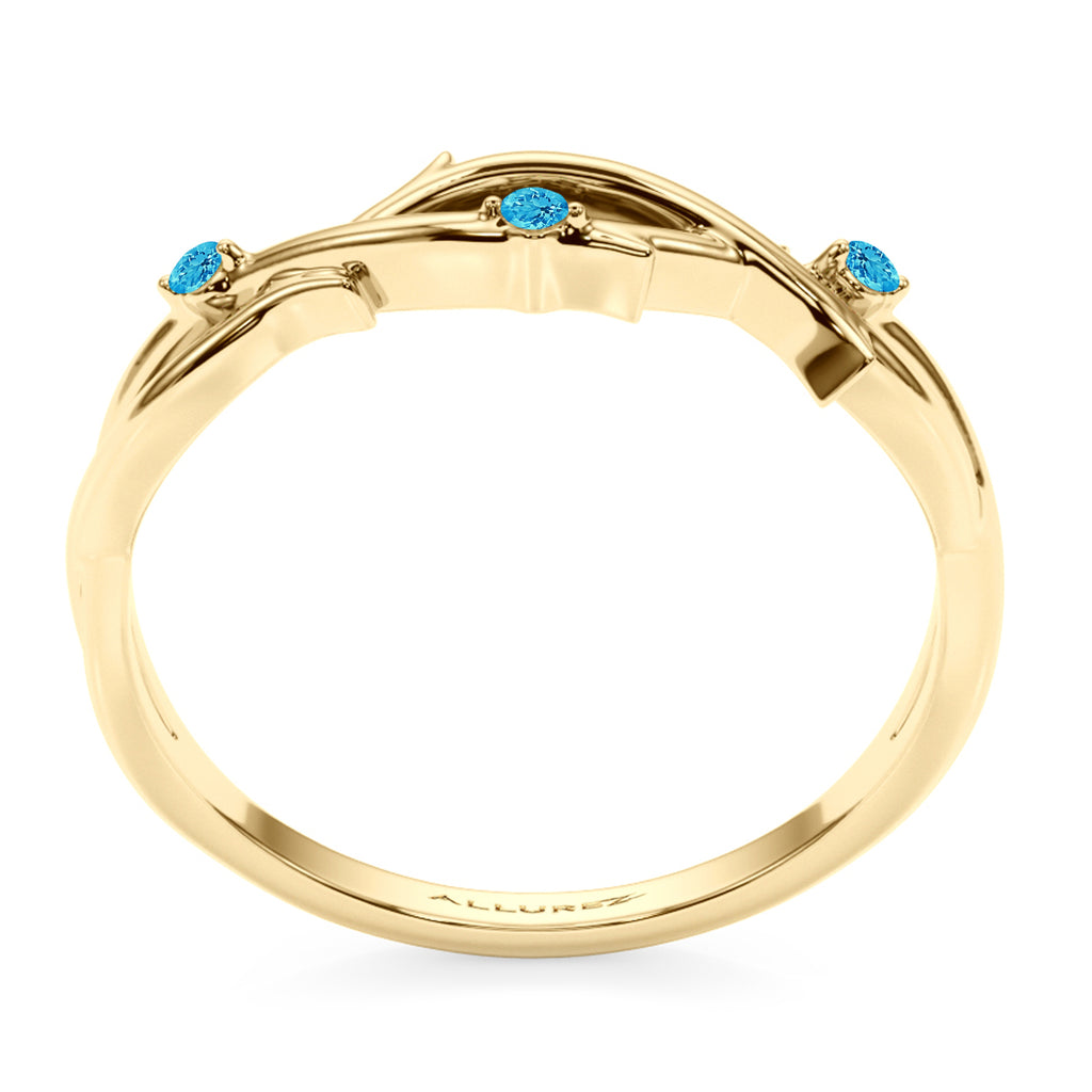 Round Blue Topaz Vine Leaf Ring Wedding Band 18K Yellow Gold (0.03ct)