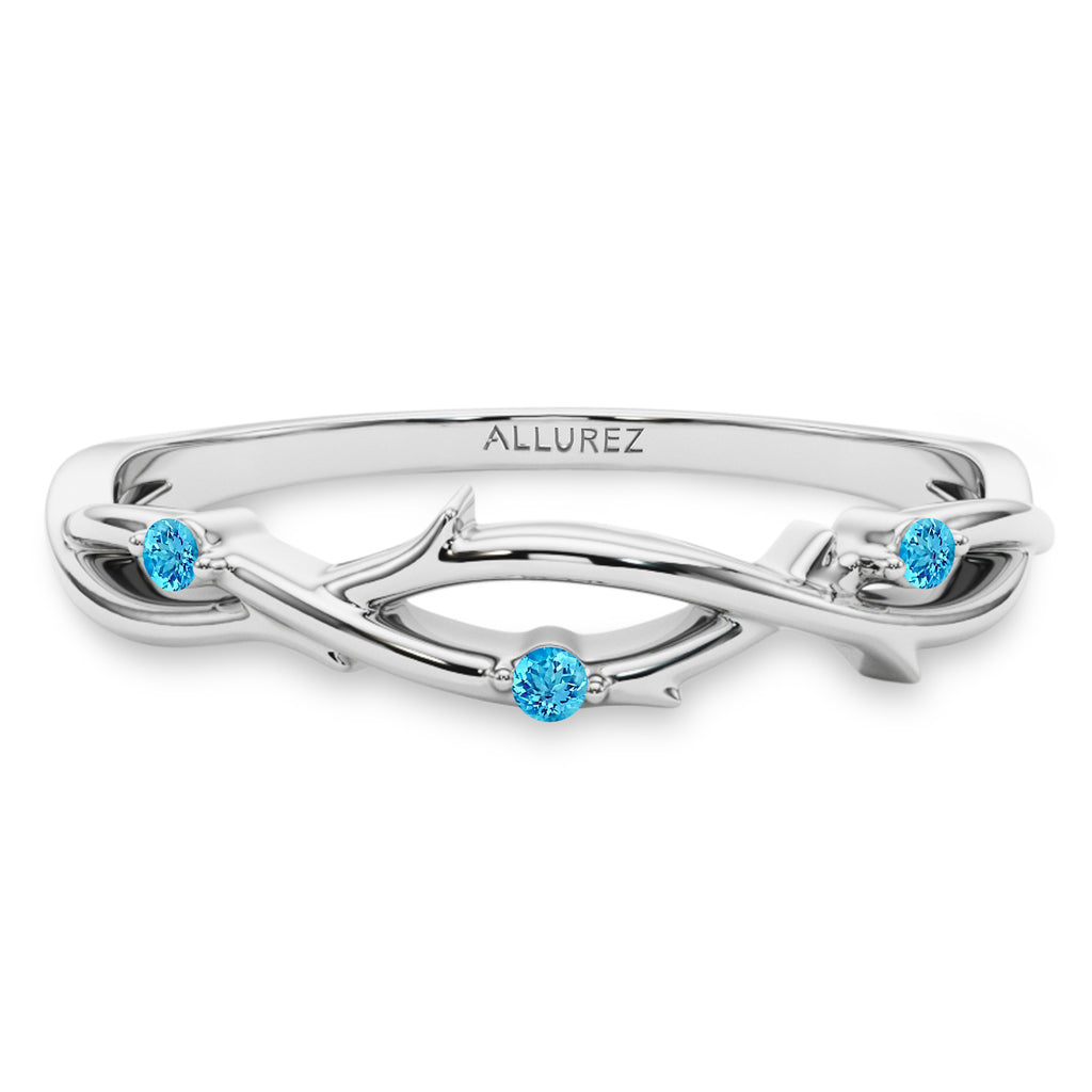 Round Blue Topaz Vine Leaf Ring Wedding Band in Platinum (0.03ct)