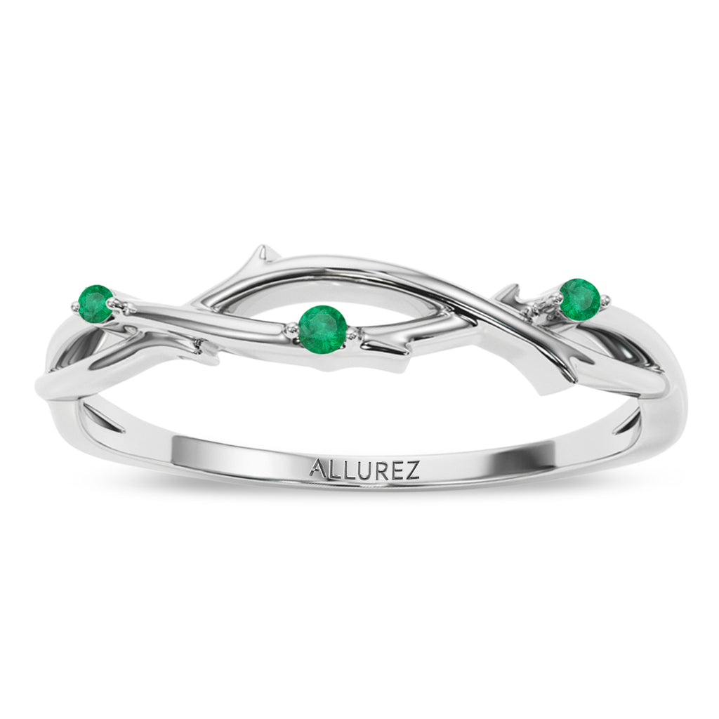 Round Emerald Vine Leaf Ring Wedding Band 18K White Gold (0.03ct)