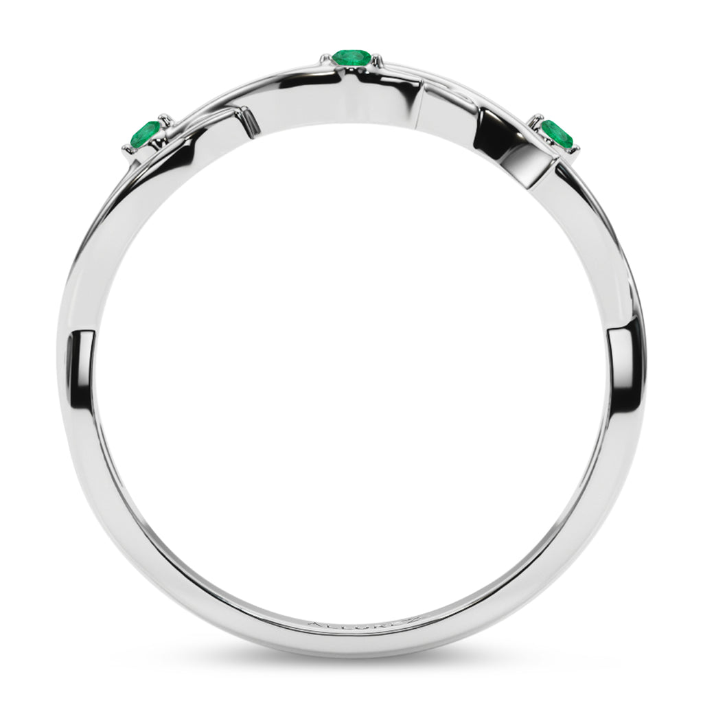 Round Emerald Vine Leaf Ring Wedding Band 18K White Gold (0.03ct)