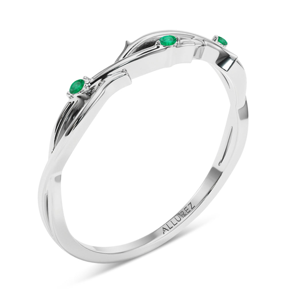 Round Emerald Vine Leaf Ring Wedding Band 18K White Gold (0.03ct)