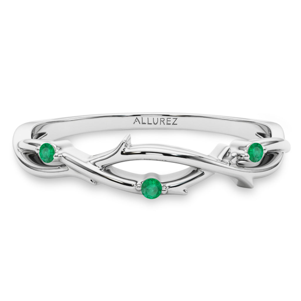 Round Emerald Vine Leaf Ring Wedding Band 18K White Gold (0.03ct)
