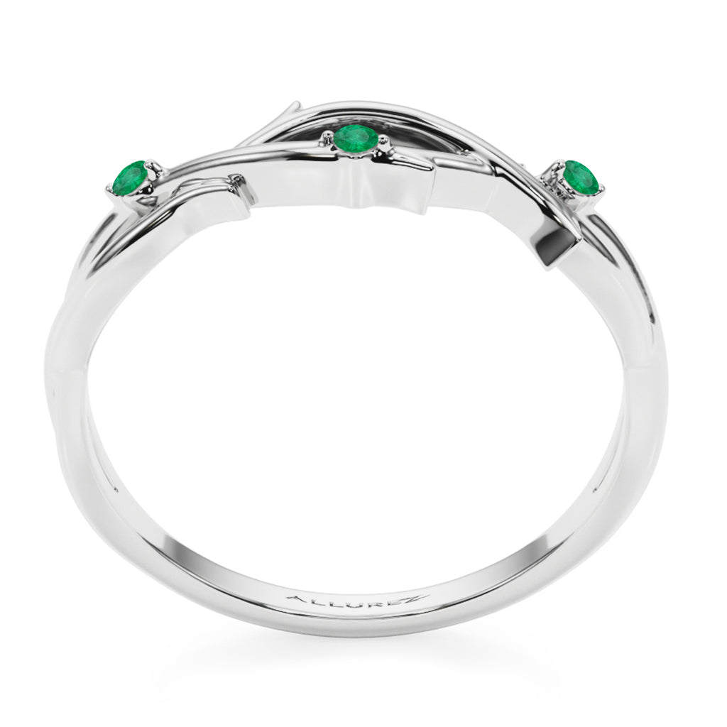 Round Emerald Vine Leaf Ring Wedding Band 18K White Gold (0.03ct)