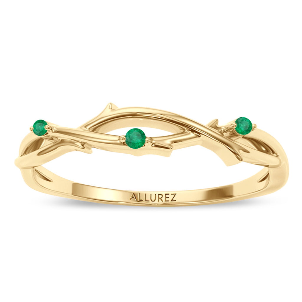 Round Emerald Vine Leaf Ring Wedding Band 18K Yellow Gold (0.03ct)