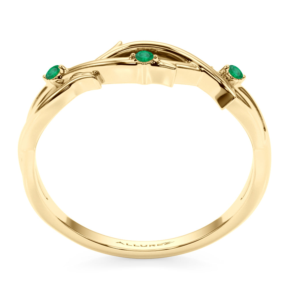 Round Emerald Vine Leaf Ring Wedding Band 18K Yellow Gold (0.03ct)