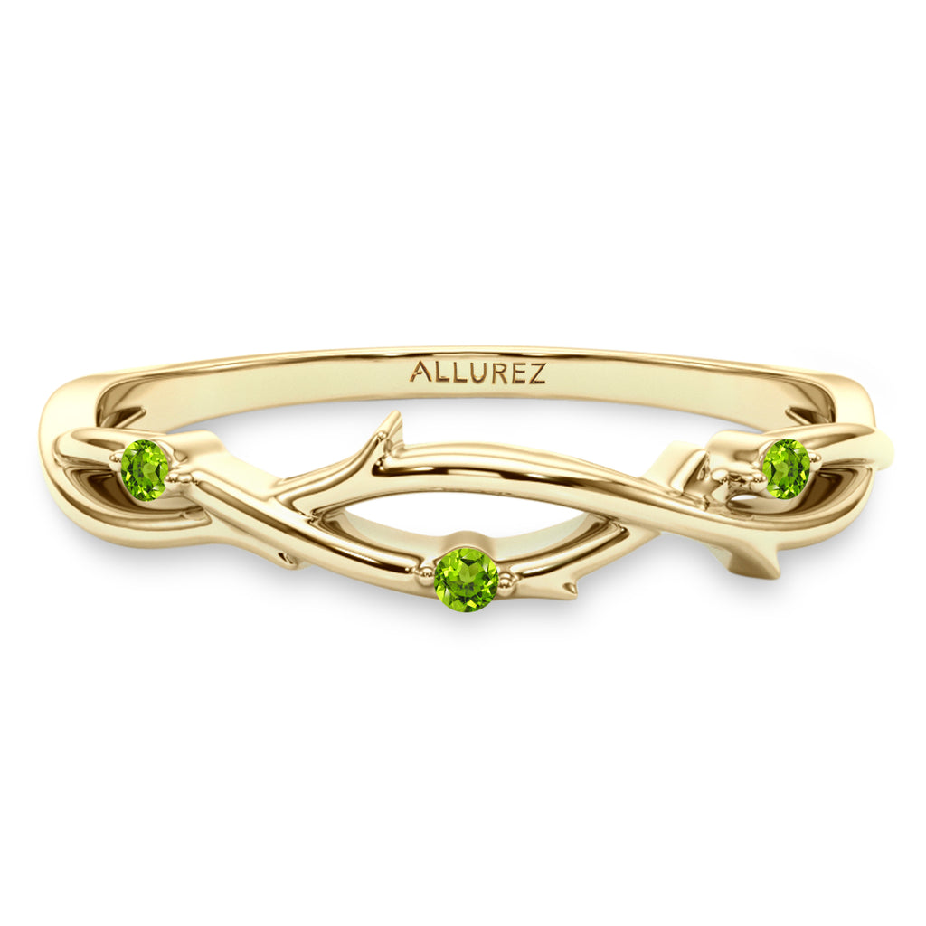 Round Peridot Vine Leaf Ring Wedding Band 14K Yellow Gold (0.03ct)