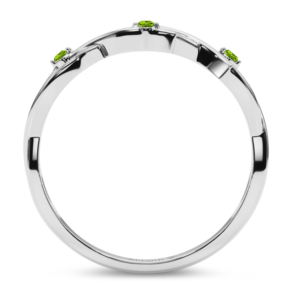 Round Peridot Vine Leaf Ring Wedding Band 18K White Gold (0.03ct)