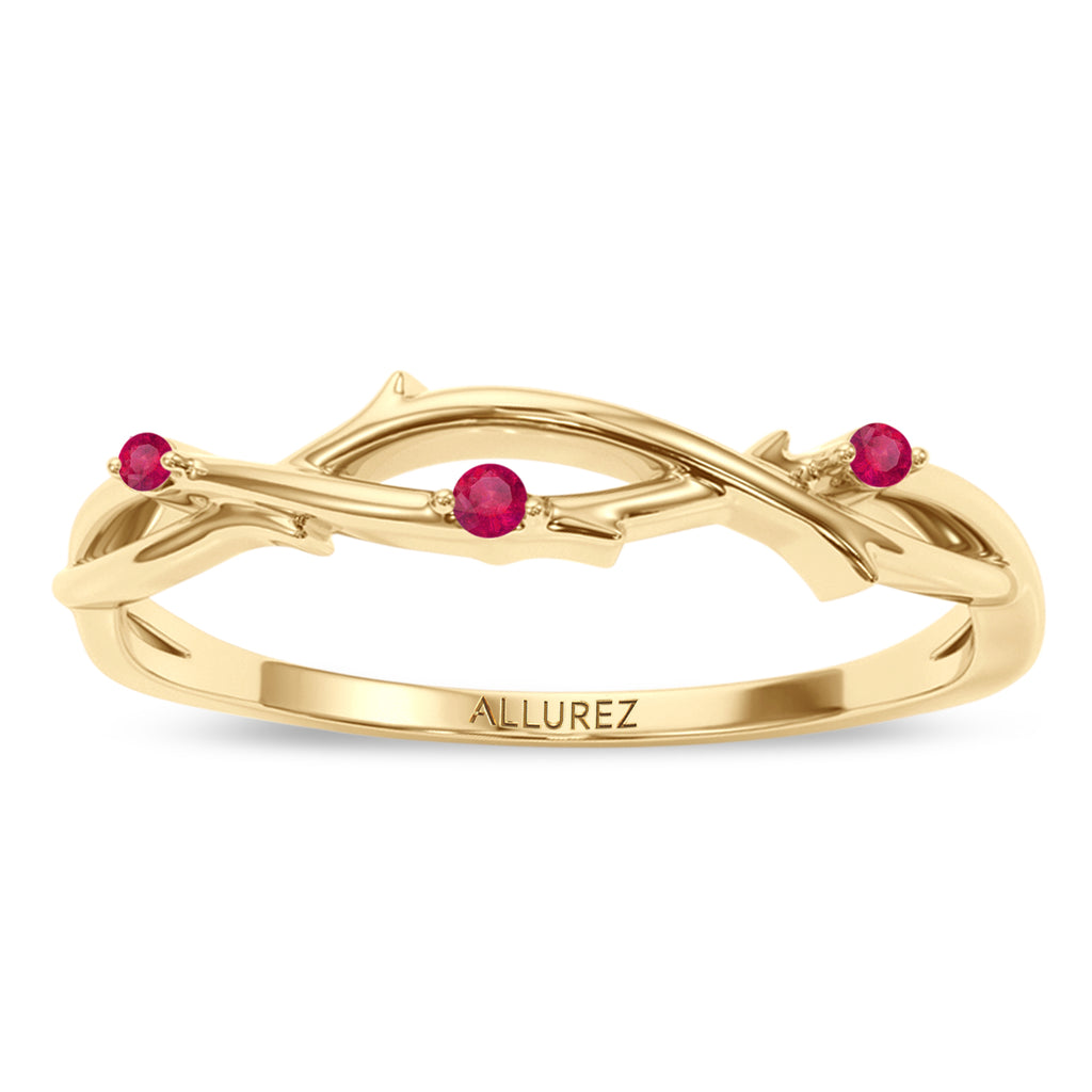 Round Ruby Vine Leaf Ring Wedding Band 14K Yellow Gold (0.03ct)