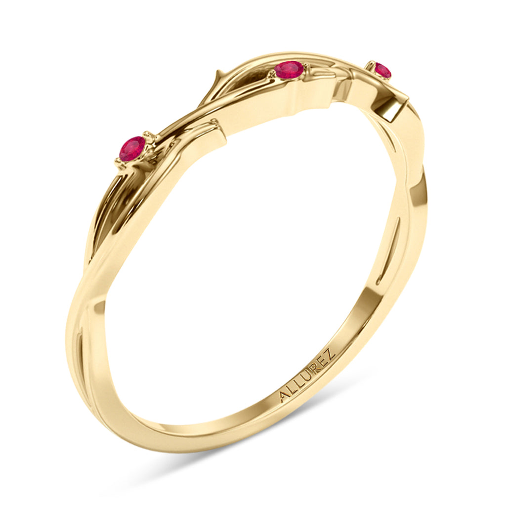 Round Ruby Vine Leaf Ring Wedding Band 14K Yellow Gold (0.03ct)