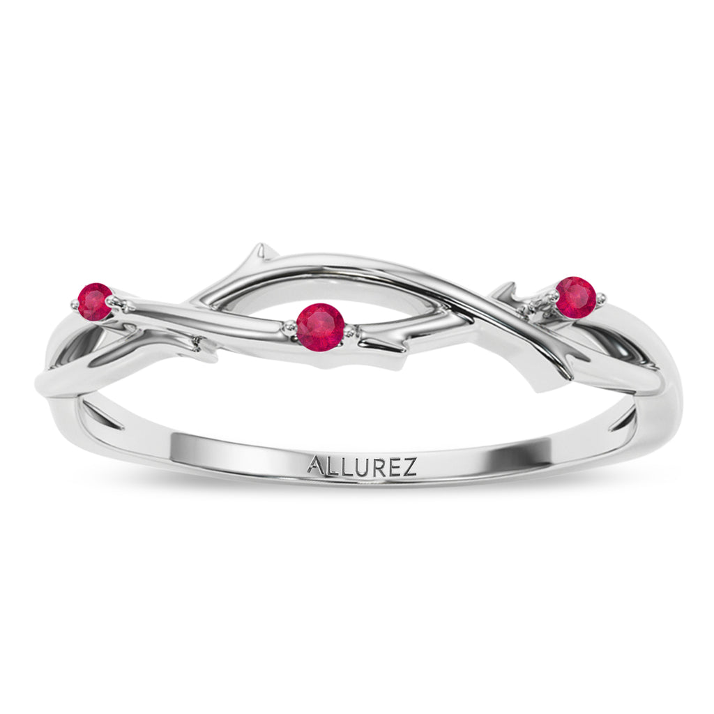 Round Ruby Vine Leaf Ring Wedding Band 18K White Gold (0.03ct)