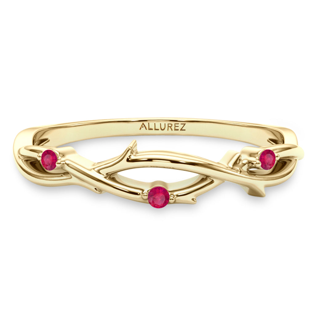 Round Ruby Vine Leaf Ring Wedding Band 18K Yellow Gold (0.03ct)