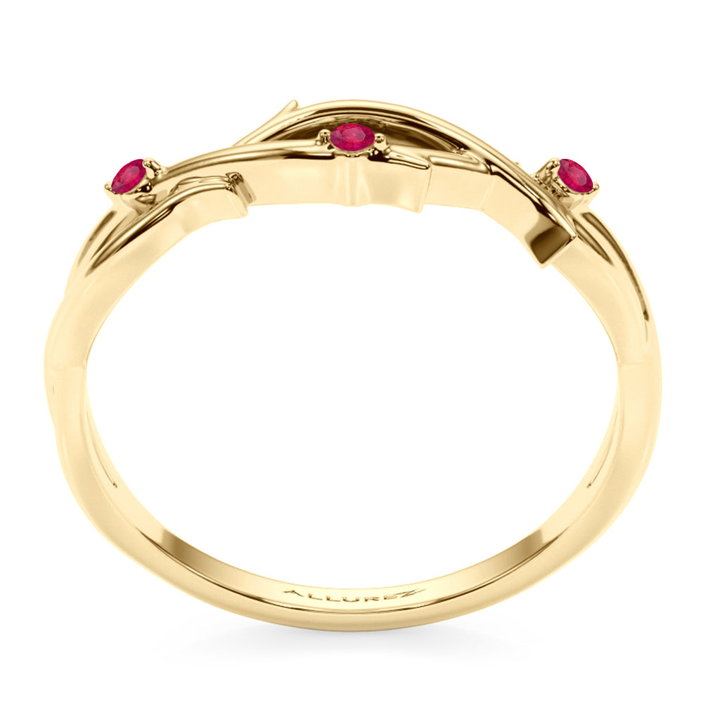 Round Ruby Vine Leaf Ring Wedding Band 18K Yellow Gold (0.03ct)