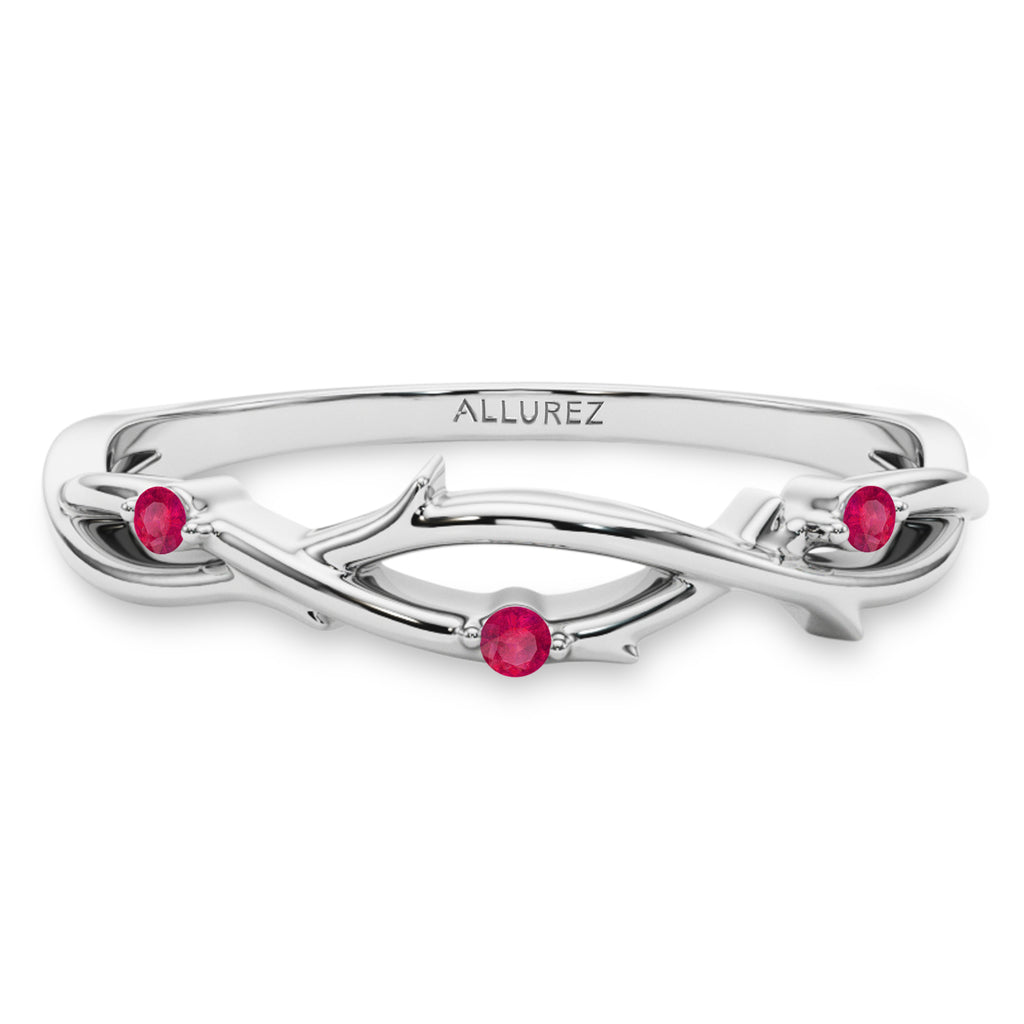 Round Ruby Vine Leaf Ring Wedding Band in Platinum (0.03ct)