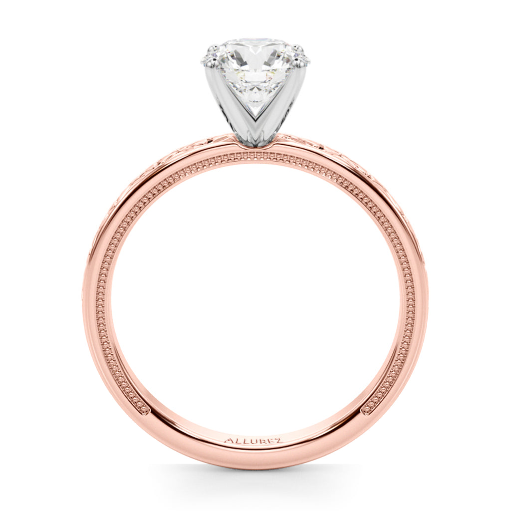 Vintage Style Heart Engraved Engagement Ring 14K Rose Gold