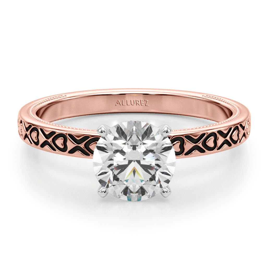 Vintage Style Heart Engraved Engagement Ring 14K Rose Gold