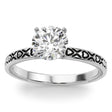 Vintage Style Heart Engraved Engagement Ring 14K White Gold