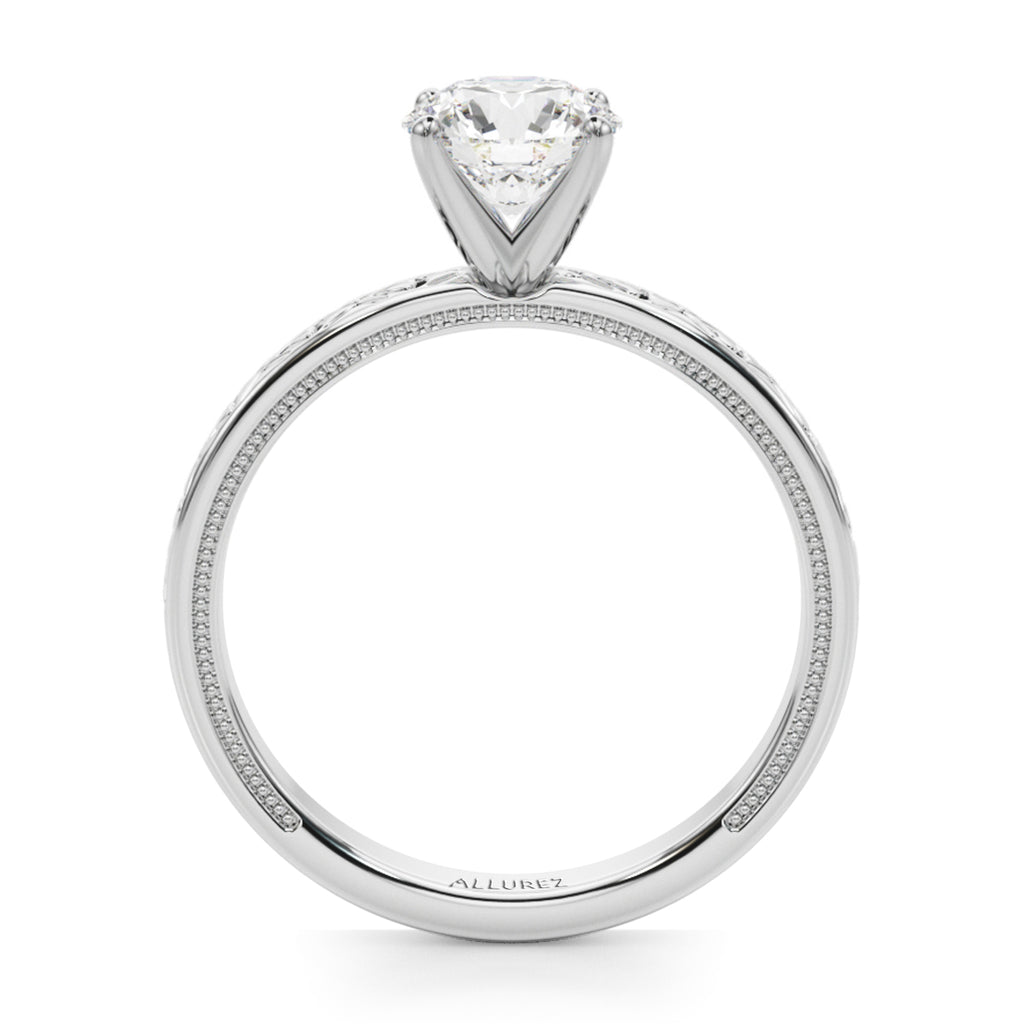 Vintage Style Heart Engraved Engagement Ring 14K White Gold