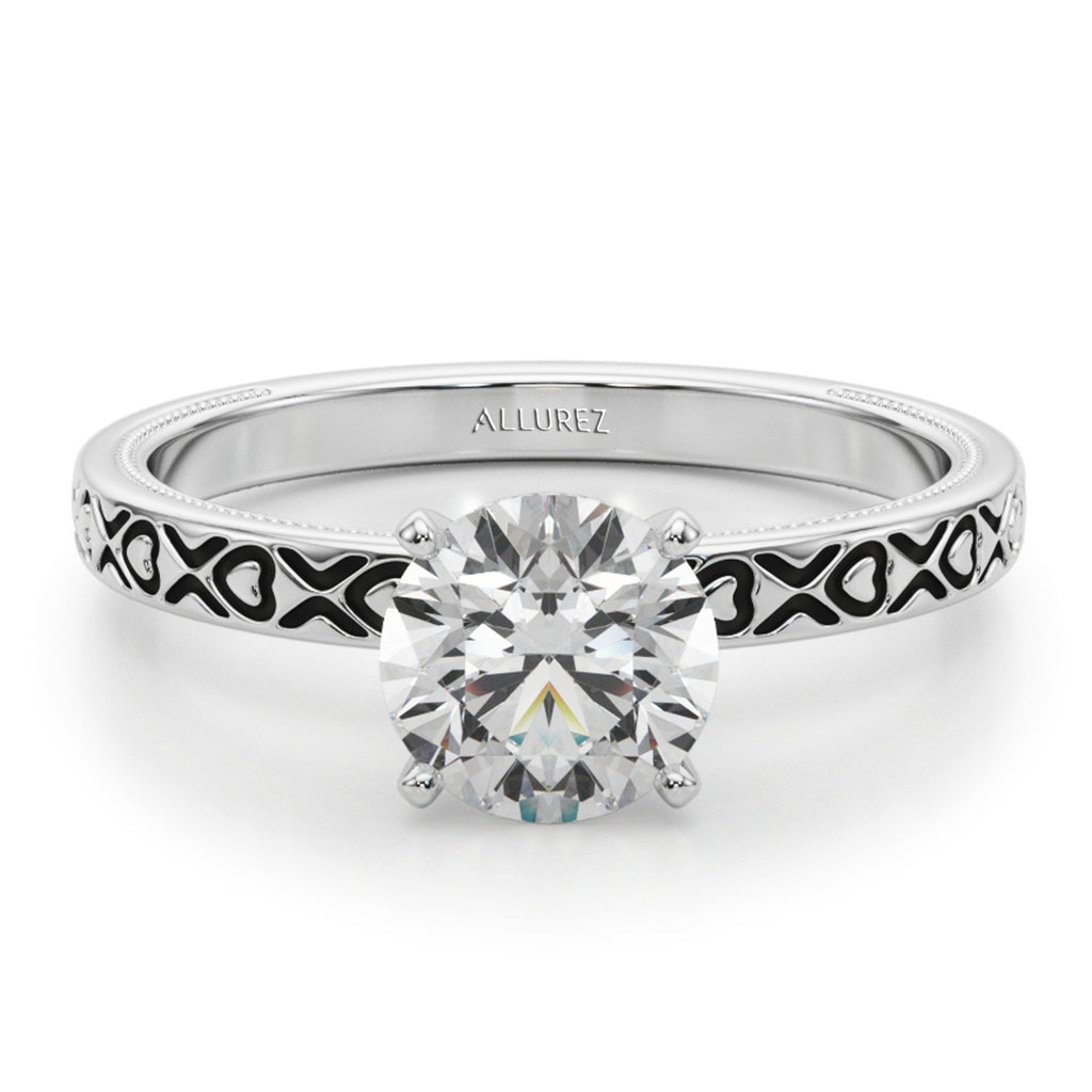 Vintage Style Heart Engraved Engagement Ring 18K White Gold