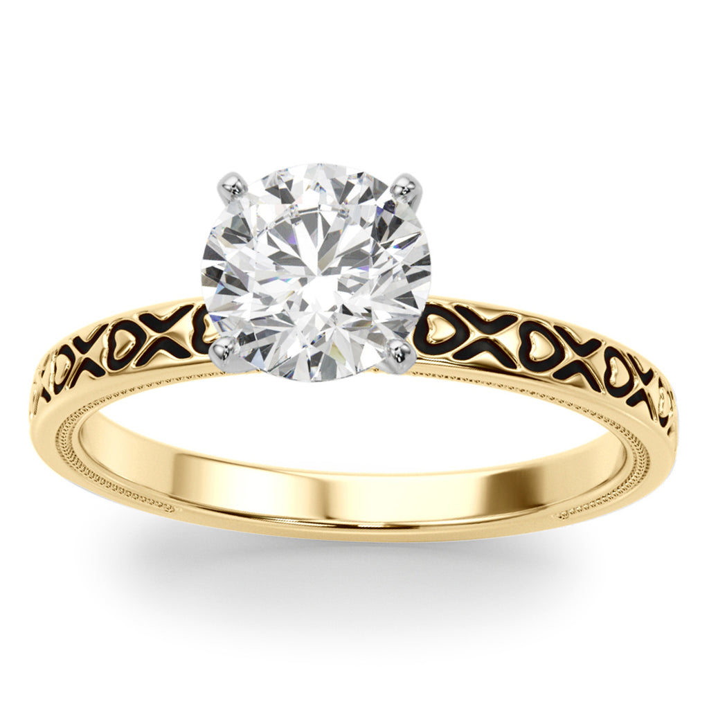 Vintage Style Heart Engraved Engagement Ring 18K Yellow Gold